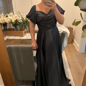Navy blue satin A-line long dress